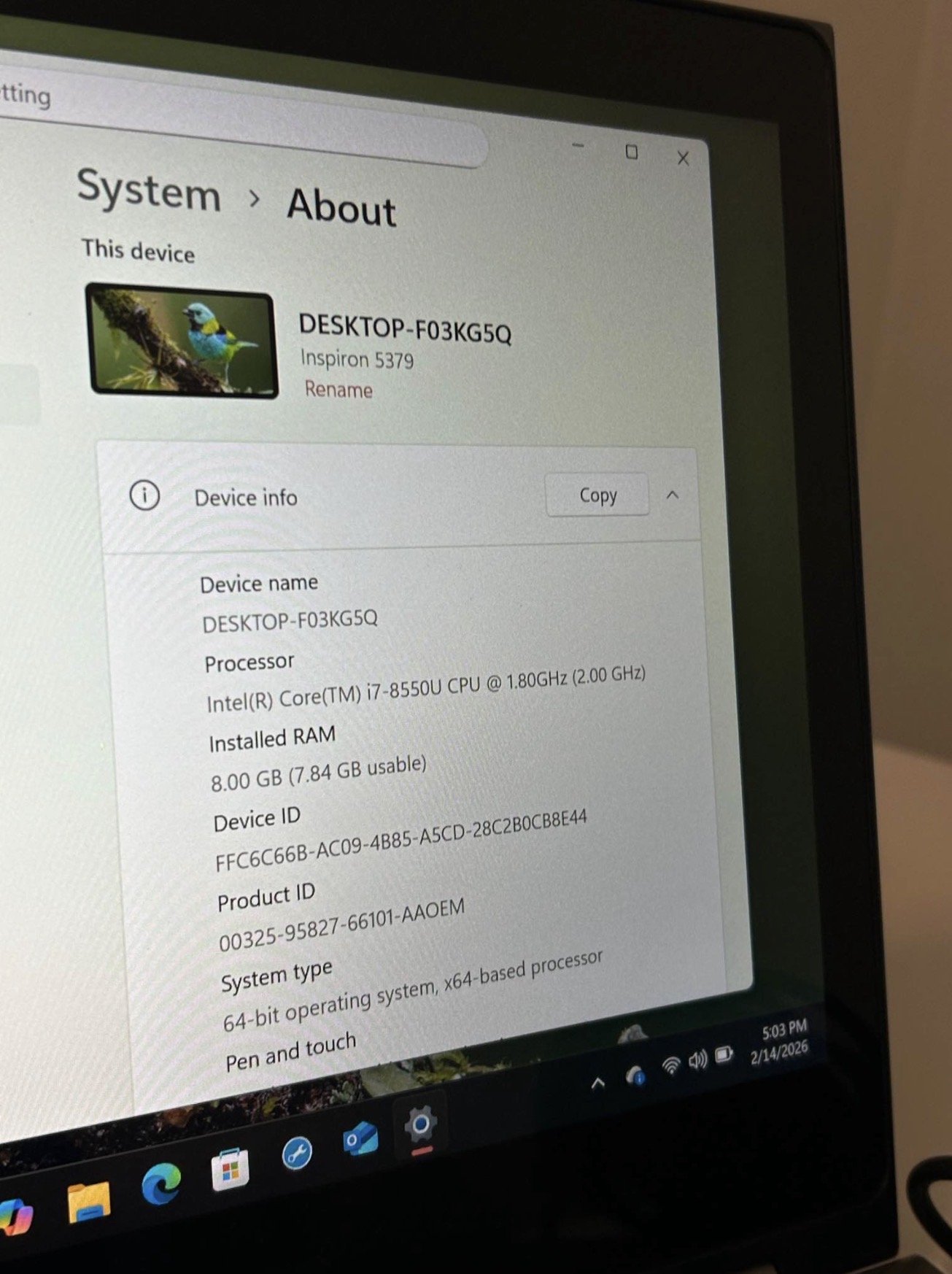 Dell Inspiron 5379 255 GB Storage 8GB Ram i7-8550U CPU