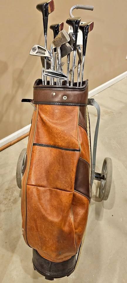 Extra Long Golf clubs, golf bag, and cart